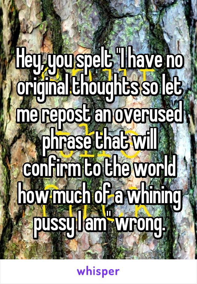 Hey, you spelt "I have no original thoughts so let me repost an overused phrase that will confirm to the world how much of a whining pussy I am" wrong.