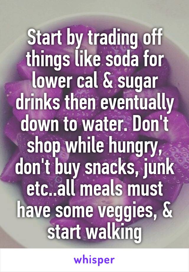 Start by trading off things like soda for lower cal & sugar drinks then eventually down to water. Don't shop while hungry, don't buy snacks, junk etc..all meals must have some veggies, & start walking