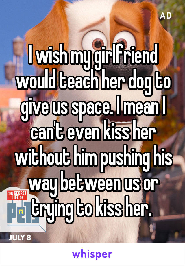 I wish my girlfriend would teach her dog to give us space. I mean I can't even kiss her without him pushing his way between us or trying to kiss her. 