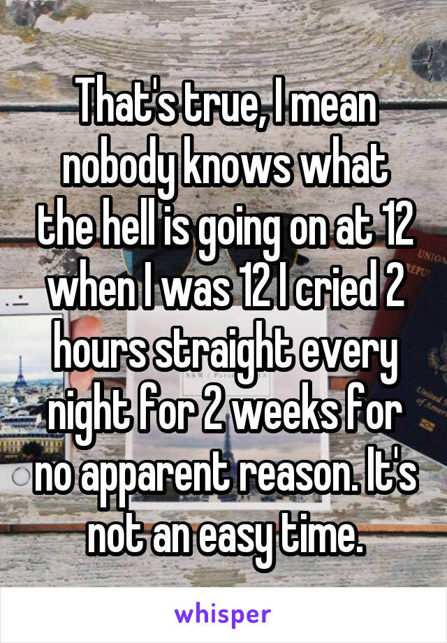 That's true, I mean nobody knows what the hell is going on at 12 when I was 12 I cried 2 hours straight every night for 2 weeks for no apparent reason. It's not an easy time.