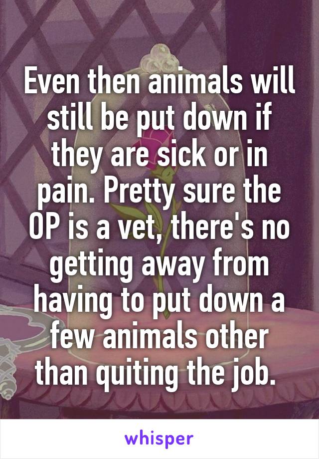 Even then animals will still be put down if they are sick or in pain. Pretty sure the OP is a vet, there's no getting away from having to put down a few animals other than quiting the job. 