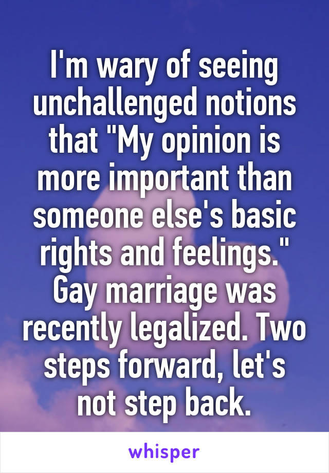 I'm wary of seeing unchallenged notions that "My opinion is more important than someone else's basic rights and feelings." Gay marriage was recently legalized. Two steps forward, let's not step back.