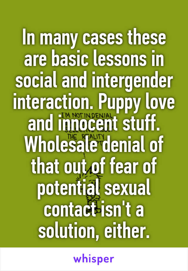 In many cases these are basic lessons in social and intergender interaction. Puppy love and innocent stuff. Wholesale denial of that out of fear of potential sexual contact isn't a solution, either.