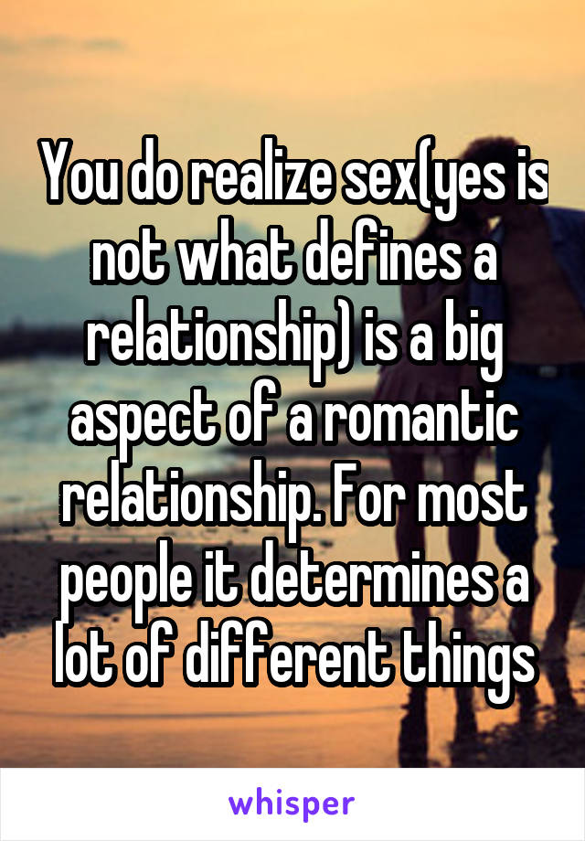 You do realize sex(yes is not what defines a relationship) is a big aspect of a romantic relationship. For most people it determines a lot of different things