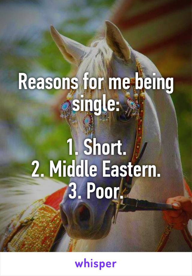 Reasons for me being single:

1. Short.
2. Middle Eastern.
3. Poor.