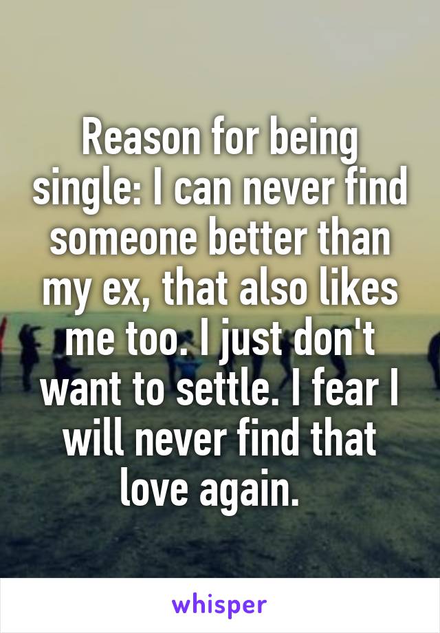 Reason for being single: I can never find someone better than my ex, that also likes me too. I just don't want to settle. I fear I will never find that love again.  