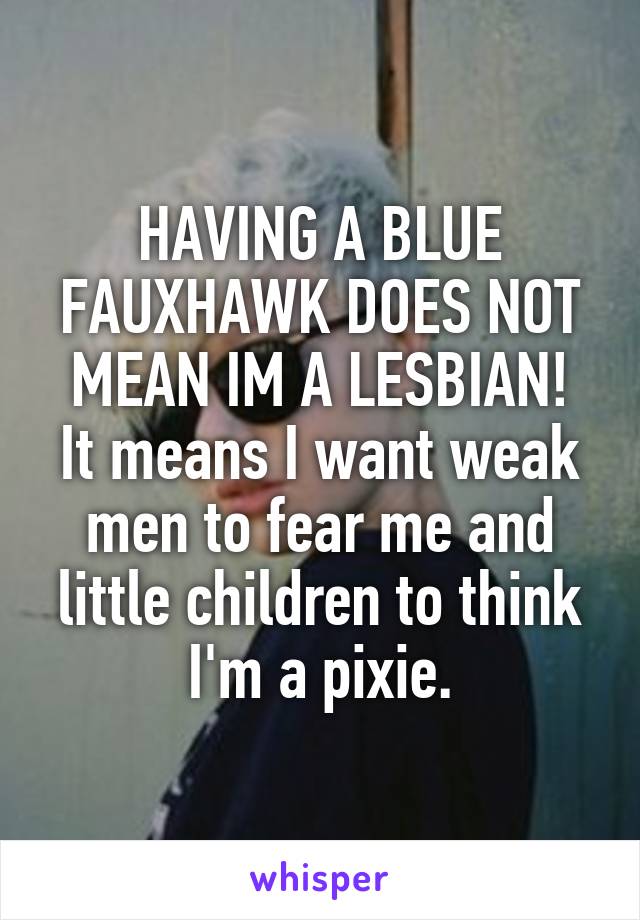 HAVING A BLUE FAUXHAWK DOES NOT MEAN IM A LESBIAN!
It means I want weak men to fear me and little children to think I'm a pixie.