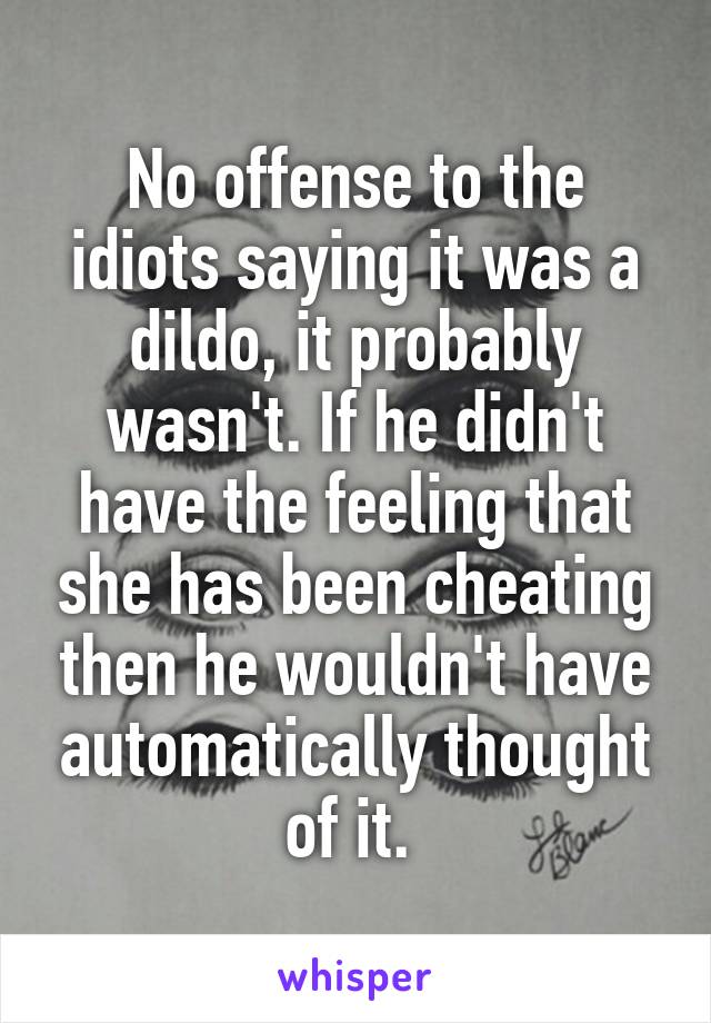 No offense to the idiots saying it was a dildo, it probably wasn't. If he didn't have the feeling that she has been cheating then he wouldn't have automatically thought of it. 