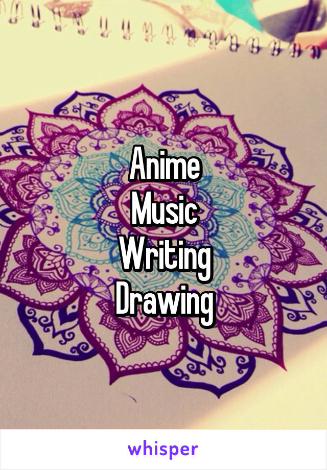 Anime
Music
Writing
Drawing