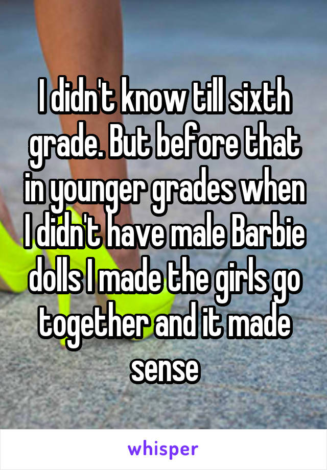 I didn't know till sixth grade. But before that in younger grades when I didn't have male Barbie dolls I made the girls go together and it made sense