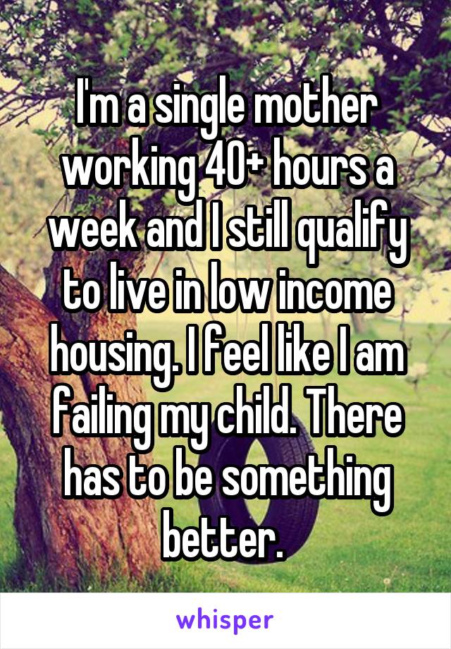 I'm a single mother working 40+ hours a week and I still qualify to live in low income housing. I feel like I am failing my child. There has to be something better. 