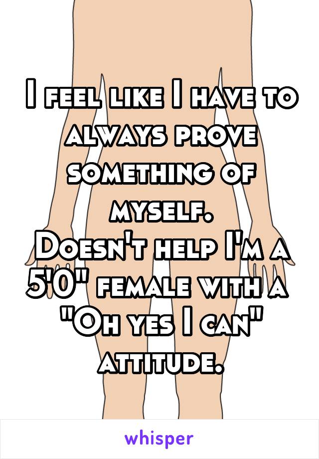 I feel like I have to always prove something of myself.
Doesn't help I'm a 5'0" female with a 
"Oh yes I can" attitude.