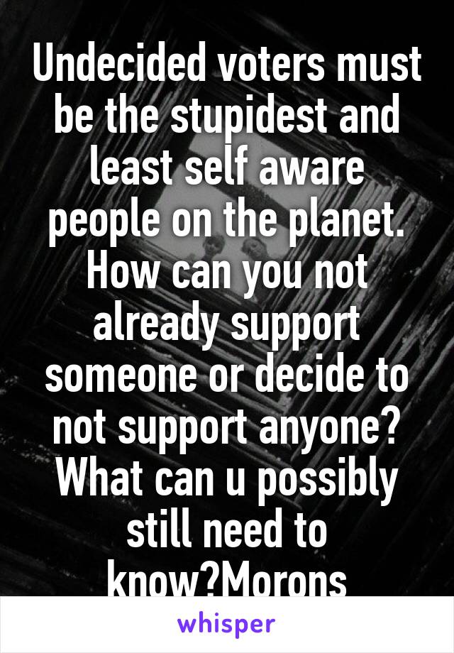 Undecided voters must be the stupidest and least self aware people on the planet. How can you not already support someone or decide to not support anyone? What can u possibly still need to know?Morons