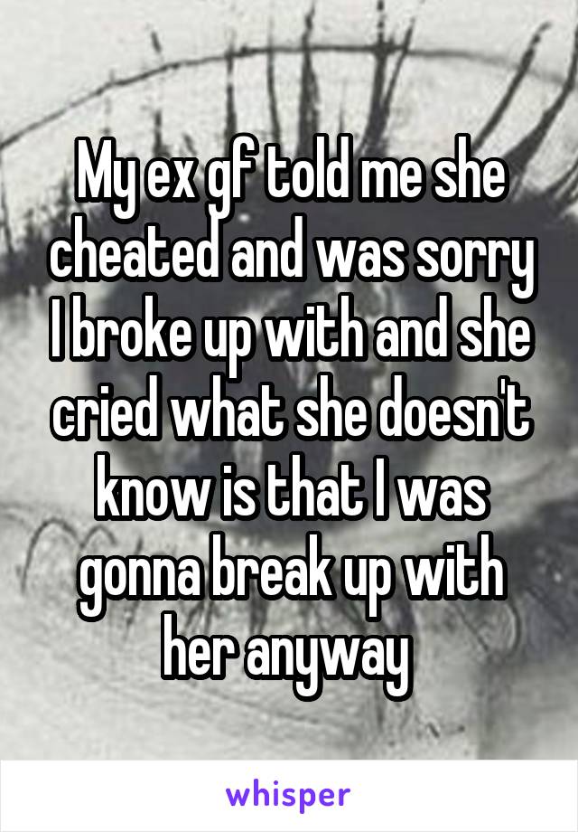 My ex gf told me she cheated and was sorry I broke up with and she cried what she doesn't know is that I was gonna break up with her anyway 