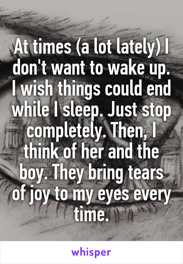 At times (a lot lately) I don't want to wake up. I wish things could end while I sleep. Just stop completely. Then, I think of her and the boy. They bring tears of joy to my eyes every time.