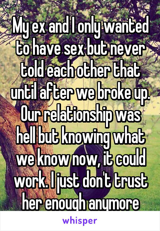 My ex and I only wanted to have sex but never told each other that until after we broke up. Our relationship was hell but knowing what we know now, it could work. I just don't trust her enough anymore