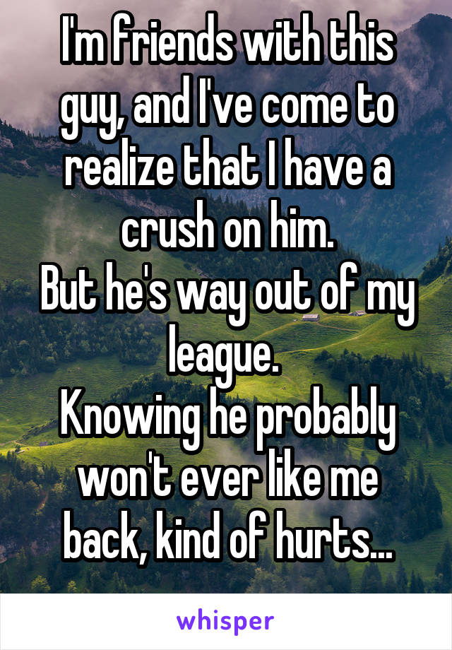 I'm friends with this guy, and I've come to realize that I have a crush on him.
But he's way out of my league. 
Knowing he probably won't ever like me back, kind of hurts...
