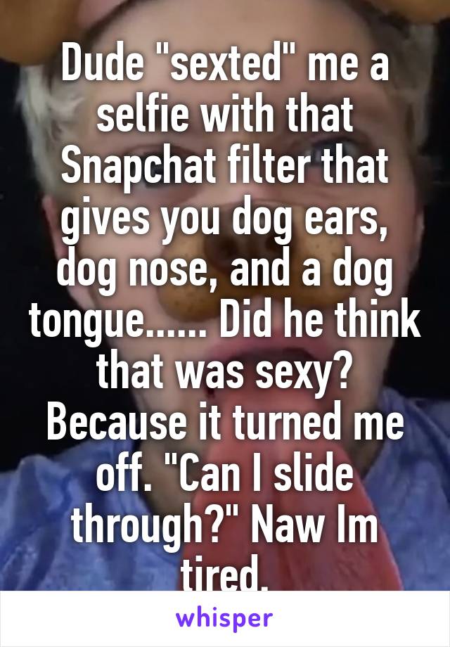 Dude "sexted" me a selfie with that Snapchat filter that gives you dog ears, dog nose, and a dog tongue...... Did he think that was sexy? Because it turned me off. "Can I slide through?" Naw Im tired.