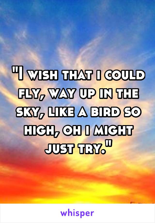 "I wish that i could fly, way up in the sky, like a bird so high, oh i might just try."