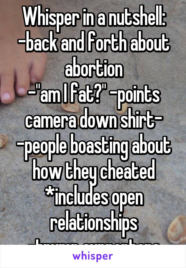 Whisper in a nutshell:
-back and forth about abortion
-"am I fat?" -points camera down shirt-
-people boasting about how they cheated *includes open relationships
-trump supporters