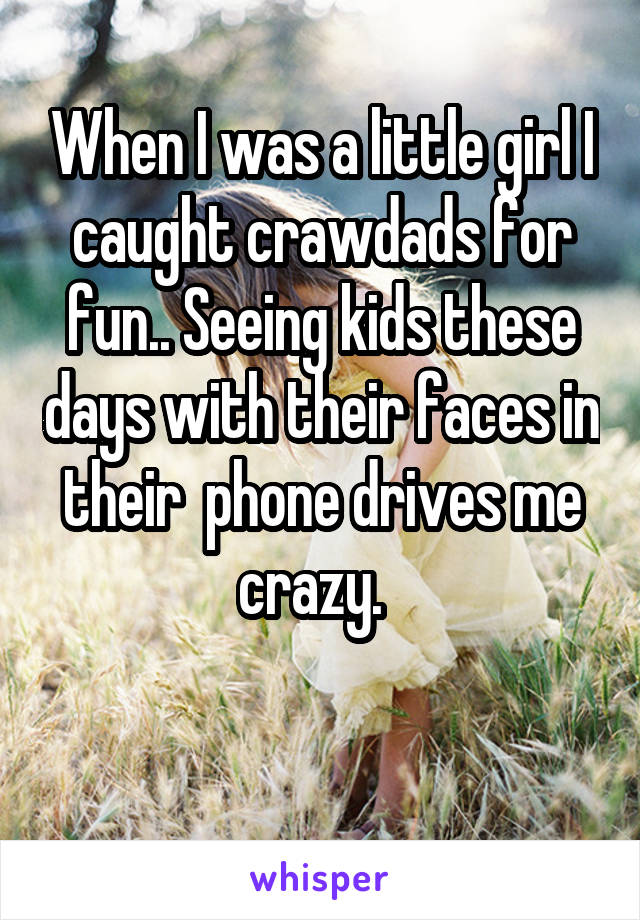 When I was a little girl I caught crawdads for fun.. Seeing kids these days with their faces in their  phone drives me crazy.  

