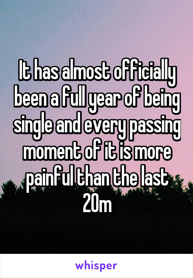 It has almost officially been a full year of being single and every passing moment of it is more painful than the last
20m