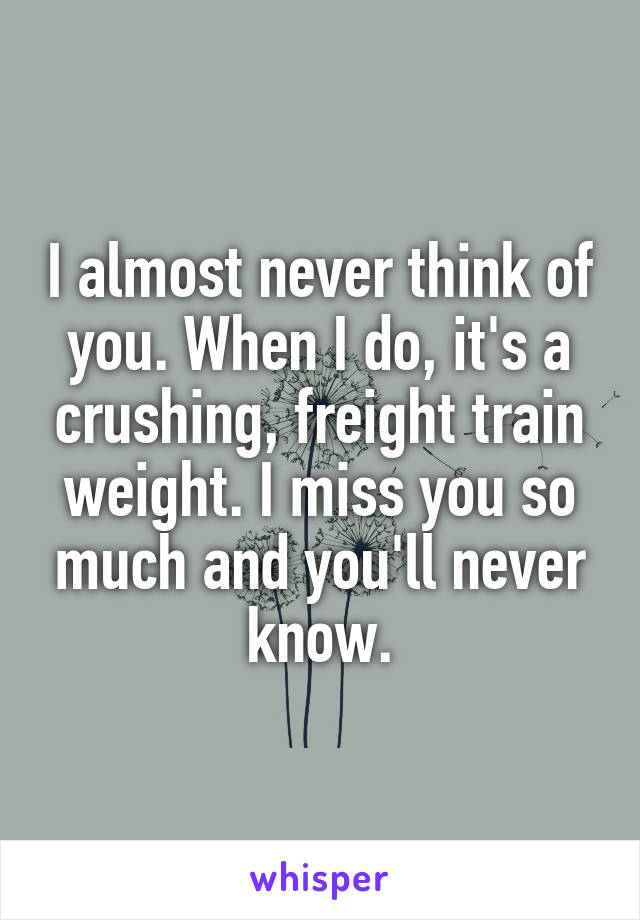 I almost never think of you. When I do, it's a crushing, freight train weight. I miss you so much and you'll never know.