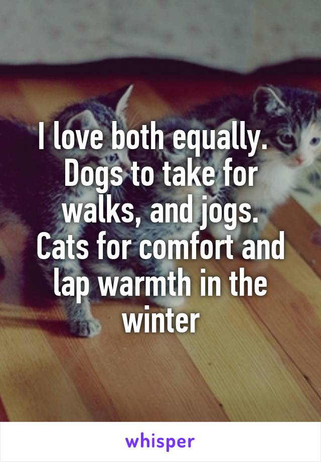 I love both equally.   Dogs to take for walks, and jogs.
Cats for comfort and lap warmth in the winter