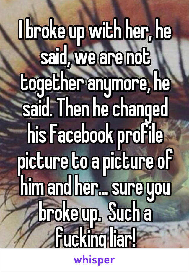 I broke up with her, he said, we are not together anymore, he said. Then he changed his Facebook profile picture to a picture of him and her... sure you broke up.  Such a fucking liar!