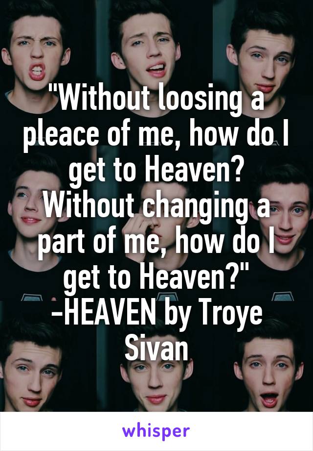 "Without loosing a pleace of me, how do I get to Heaven? Without changing a part of me, how do I get to Heaven?"
-HEAVEN by Troye Sivan