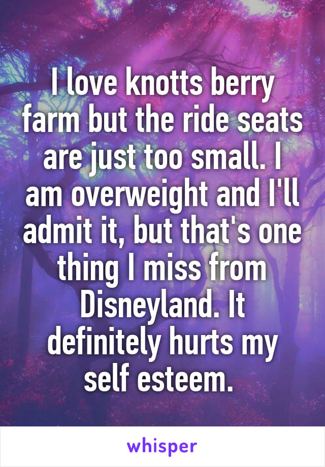 I love knotts berry farm but the ride seats are just too small. I am overweight and I'll admit it, but that's one thing I miss from Disneyland. It definitely hurts my self esteem. 