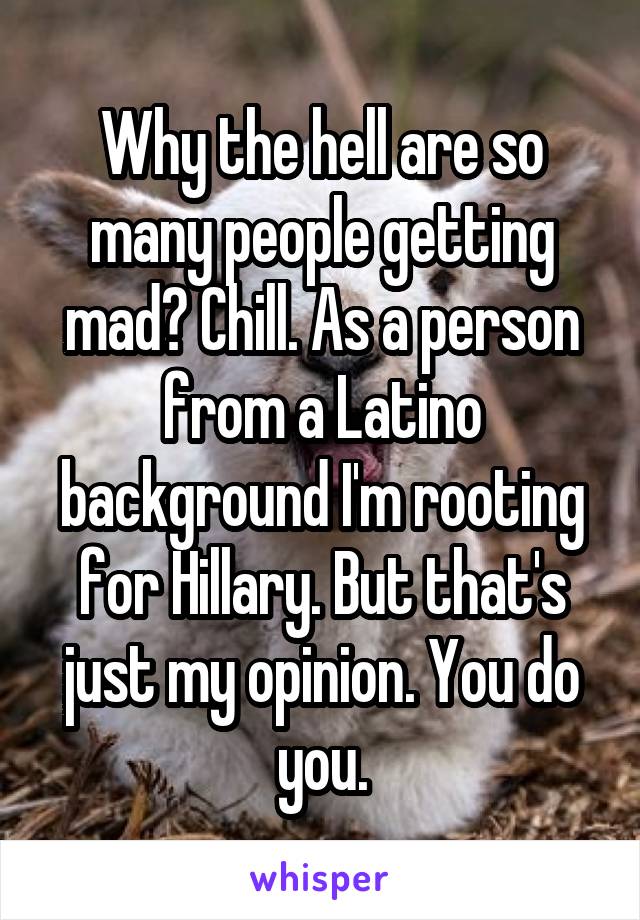 Why the hell are so many people getting mad? Chill. As a person from a Latino background I'm rooting for Hillary. But that's just my opinion. You do you.