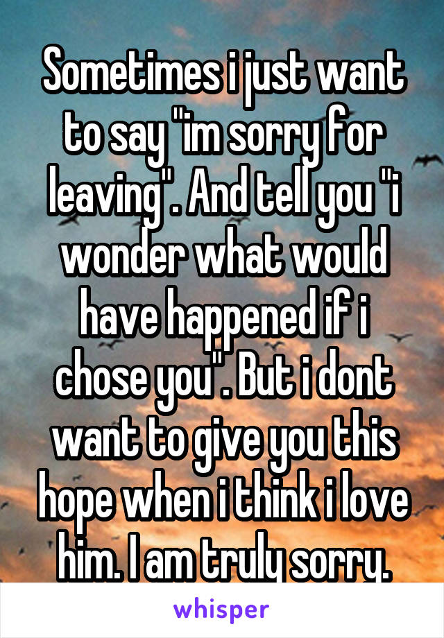 Sometimes i just want to say "im sorry for leaving". And tell you "i wonder what would have happened if i chose you". But i dont want to give you this hope when i think i love him. I am truly sorry.