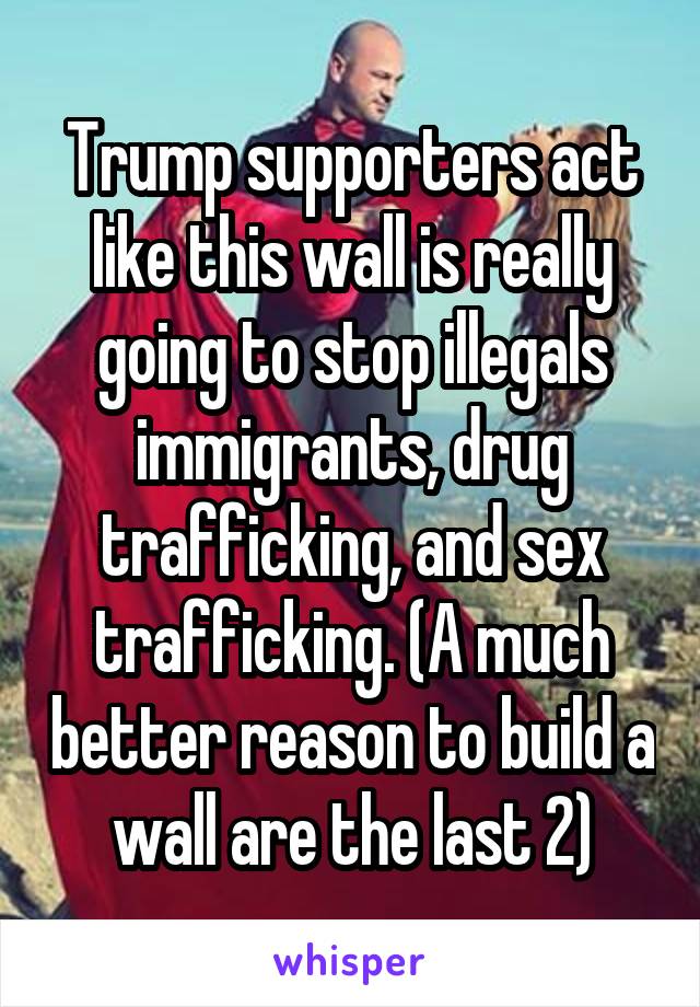 Trump supporters act like this wall is really going to stop illegals immigrants, drug trafficking, and sex trafficking. (A much better reason to build a wall are the last 2)