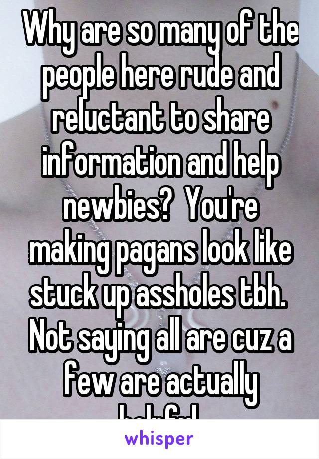 Why are so many of the people here rude and reluctant to share information and help newbies?  You're making pagans look like stuck up assholes tbh.  Not saying all are cuz a few are actually helpful.