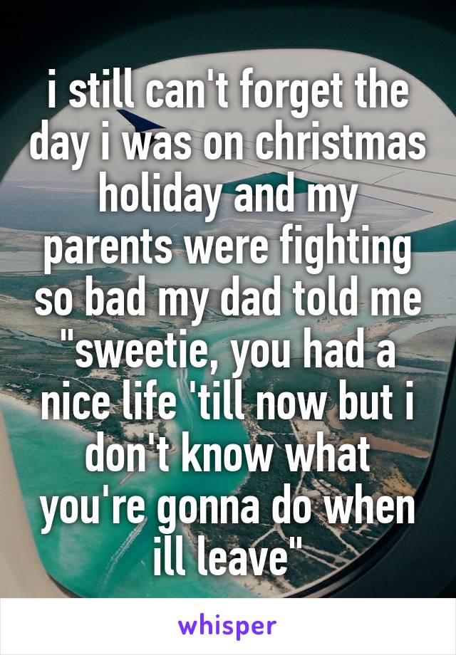 i still can't forget the day i was on christmas holiday and my parents were fighting so bad my dad told me "sweetie, you had a nice life 'till now but i don't know what you're gonna do when ill leave"