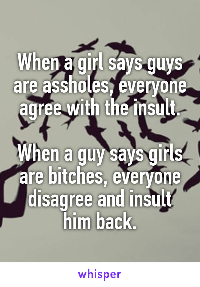 When a girl says guys are assholes, everyone agree with the insult.

When a guy says girls are bitches, everyone disagree and insult him back.