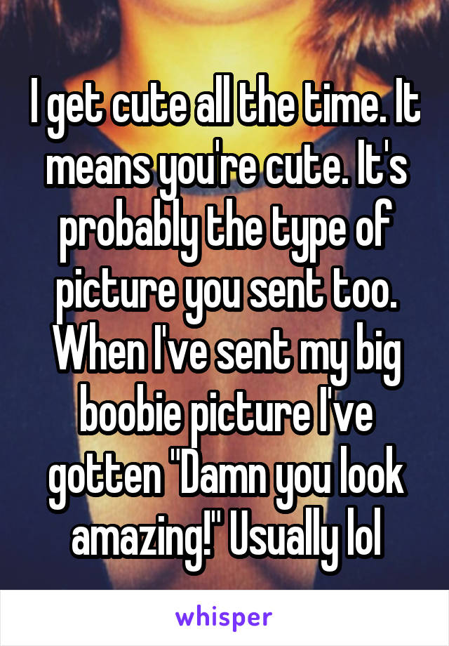 I get cute all the time. It means you're cute. It's probably the type of picture you sent too.
When I've sent my big boobie picture I've gotten "Damn you look amazing!" Usually lol