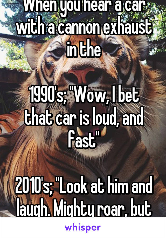 When you hear a car with a cannon exhaust in the

1990's; "Wow, I bet that car is loud, and fast"

2010's; "Look at him and laugh. Mighty roar, but nothing in store"