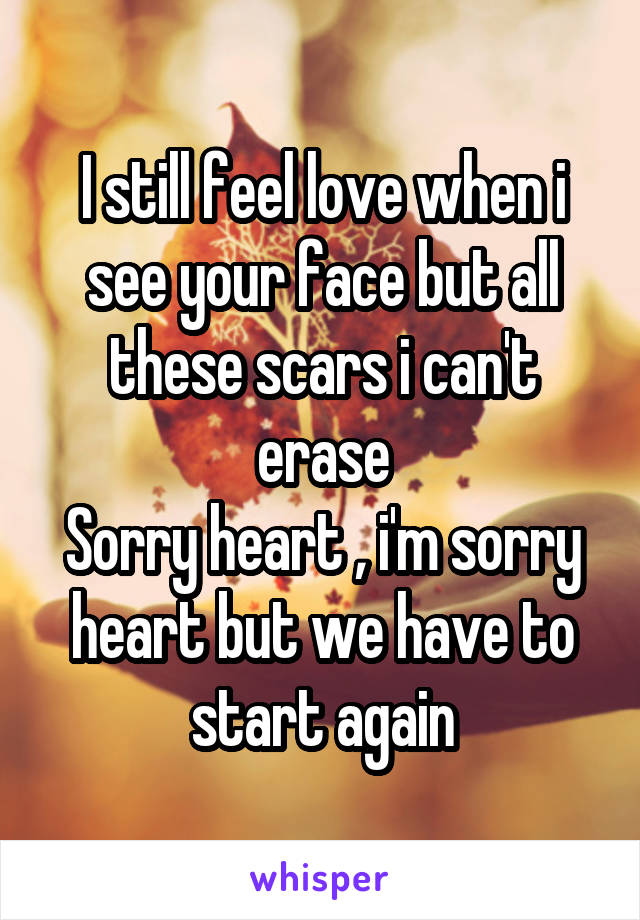 I still feel love when i see your face but all these scars i can't erase
Sorry heart , i'm sorry heart but we have to start again