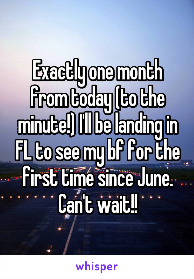 Exactly one month from today (to the minute!) I'll be landing in FL to see my bf for the first time since June.
Can't wait!!