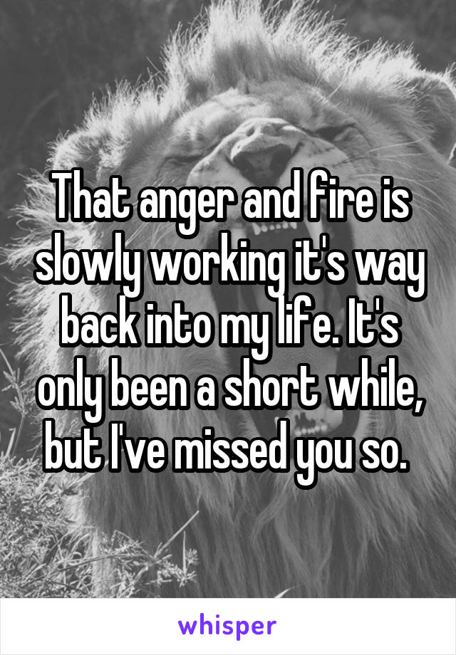 That anger and fire is slowly working it's way back into my life. It's only been a short while, but I've missed you so. 