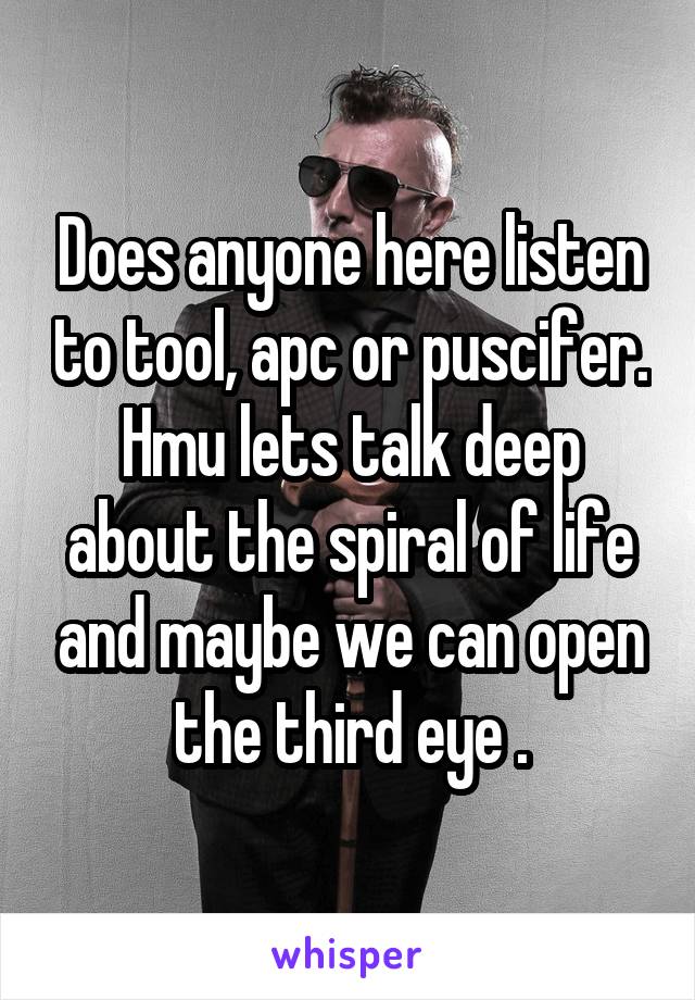 Does anyone here listen to tool, apc or puscifer. Hmu lets talk deep about the spiral of life and maybe we can open the third eye .