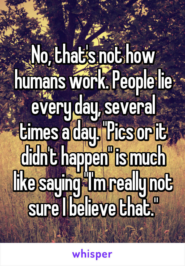 No, that's not how humans work. People lie every day, several times a day. "Pics or it didn't happen" is much like saying "I'm really not sure I believe that."