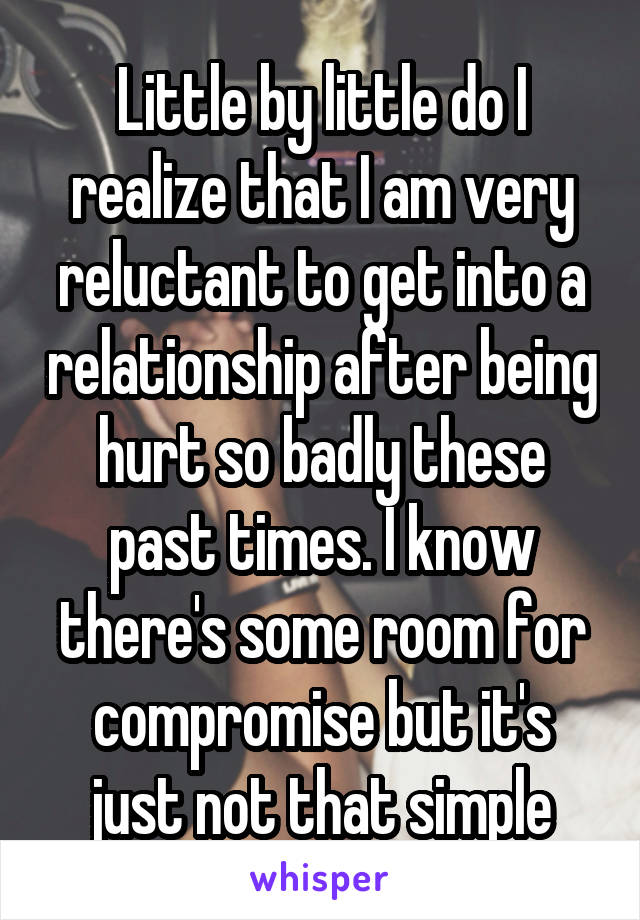 Little by little do I realize that I am very reluctant to get into a relationship after being hurt so badly these past times. I know there's some room for compromise but it's just not that simple