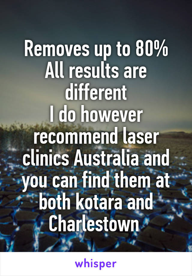 Removes up to 80%
All results are different
I do however recommend laser clinics Australia and you can find them at both kotara and Charlestown 