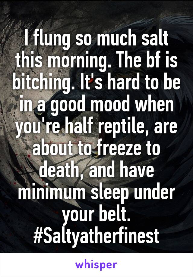 I flung so much salt this morning. The bf is bitching. It's hard to be in a good mood when you're half reptile, are about to freeze to death, and have minimum sleep under your belt. #Saltyatherfinest