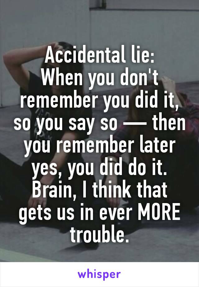 Accidental lie:
When you don't remember you did it, so you say so — then you remember later yes, you did do it.
Brain, I think that gets us in ever MORE trouble.