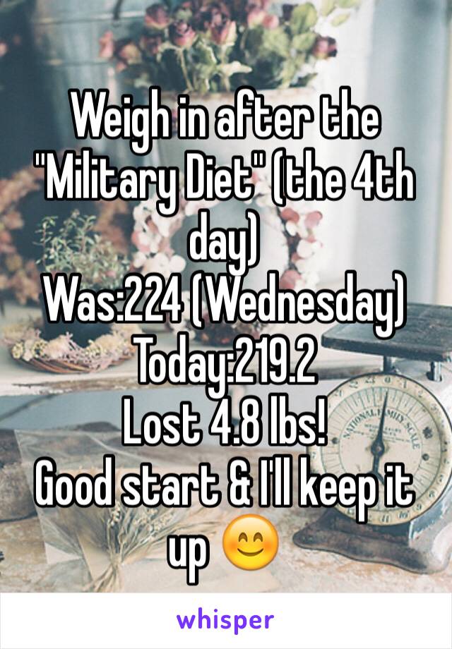 Weigh in after the "Military Diet" (the 4th day)
Was:224 (Wednesday)
Today:219.2
Lost 4.8 lbs!
Good start & I'll keep it up 😊