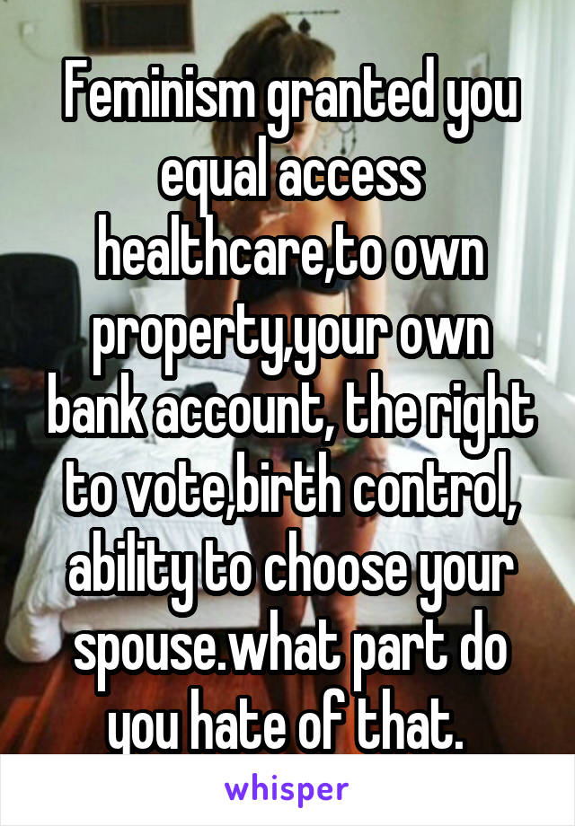 Feminism granted you equal access healthcare,to own property,your own bank account, the right to vote,birth control, ability to choose your spouse.what part do you hate of that. 